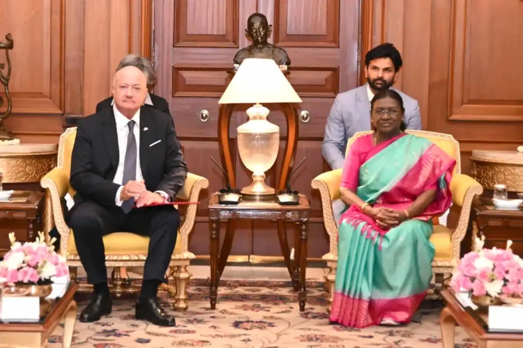 President Droupadi Murmu with Austrian Chancellor Christian Stocker during a meeting at Rashtrapati Bhavan