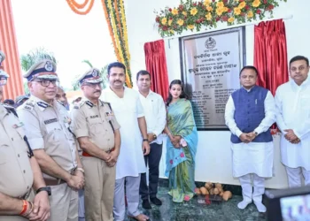Odisha Chief Minister Mohan Charan Majhi inaugurates a newly constructed police station building and other police infrastructure projects across the state, at Talabania in Puri