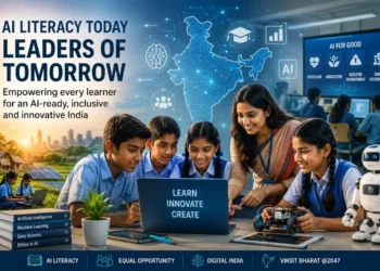 Students learning artificial intelligence in a classroom, highlighting AI literacy in India and future-ready education.