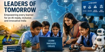 Students learning artificial intelligence in a classroom, highlighting AI literacy in India and future-ready education.