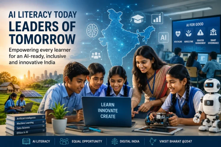 Students learning artificial intelligence in a classroom, highlighting AI literacy in India and future-ready education.