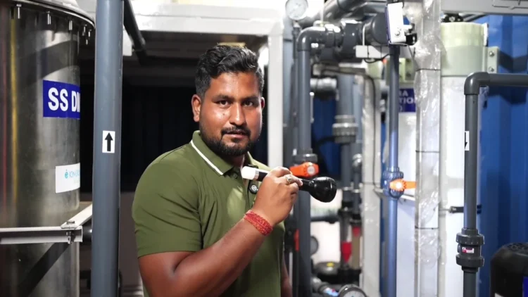 Odisha Higher Education Minister Suryabanshi Suraj inspects a mobile water treatment unit in flood-hit Dhamnagar, Bhadrak district.